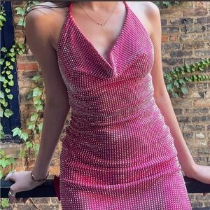 AKIRA Hot Pink Rhinestone Strapless Halter Dress